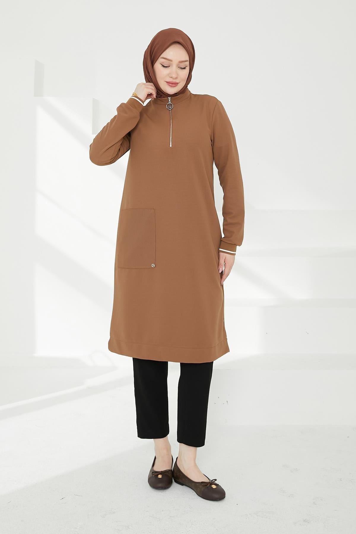 ARMİNE TREND Kolları Ribanalı Yarım Fermuarlı Tunik Camel 24KT453
