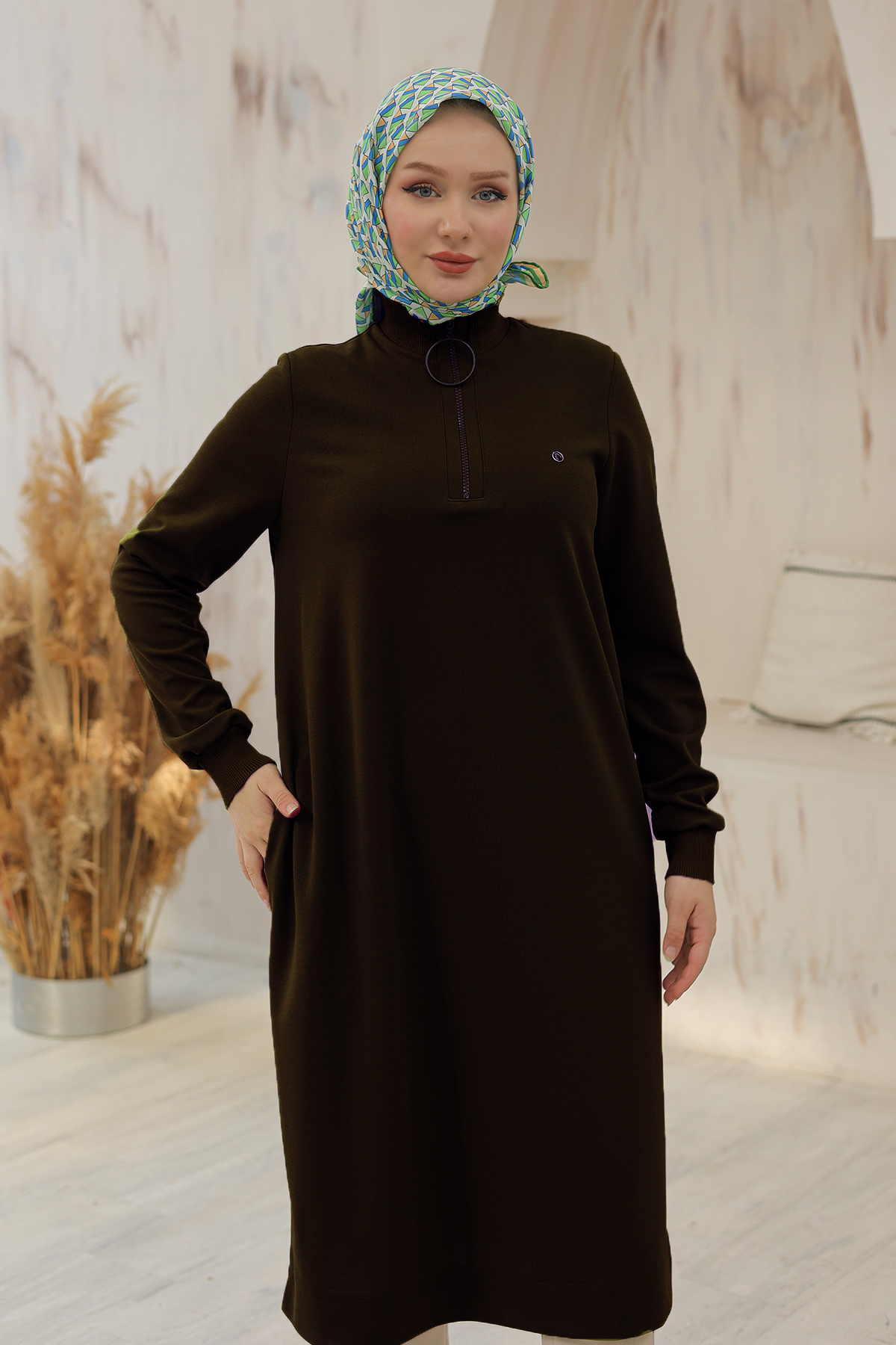 ARMİNE TREND Kolları Ribanalı Yarım Fermuarlı Tunik-Kahverengi 24KT436