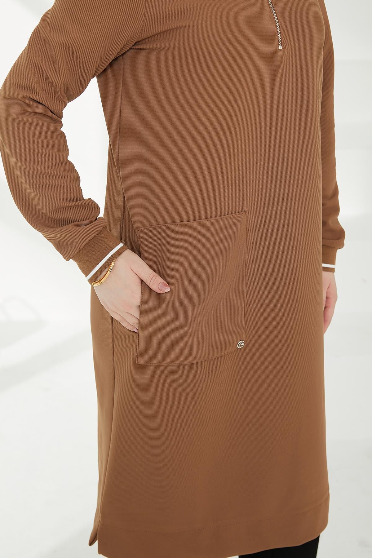 ARMİNE TREND Kolları Ribanalı Yarım Fermuarlı Tunik Camel 24KT453