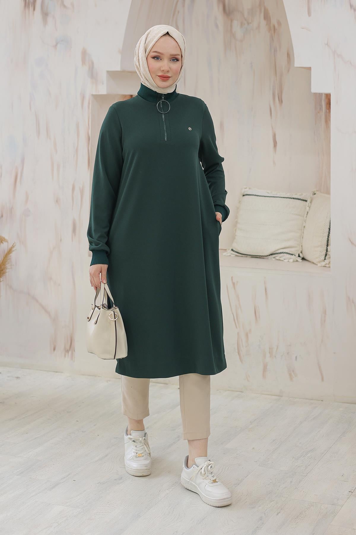 ARMİNE TREND Kolları Ribanalı Yarım Fermuarlı Tunik-Haki 24KT436