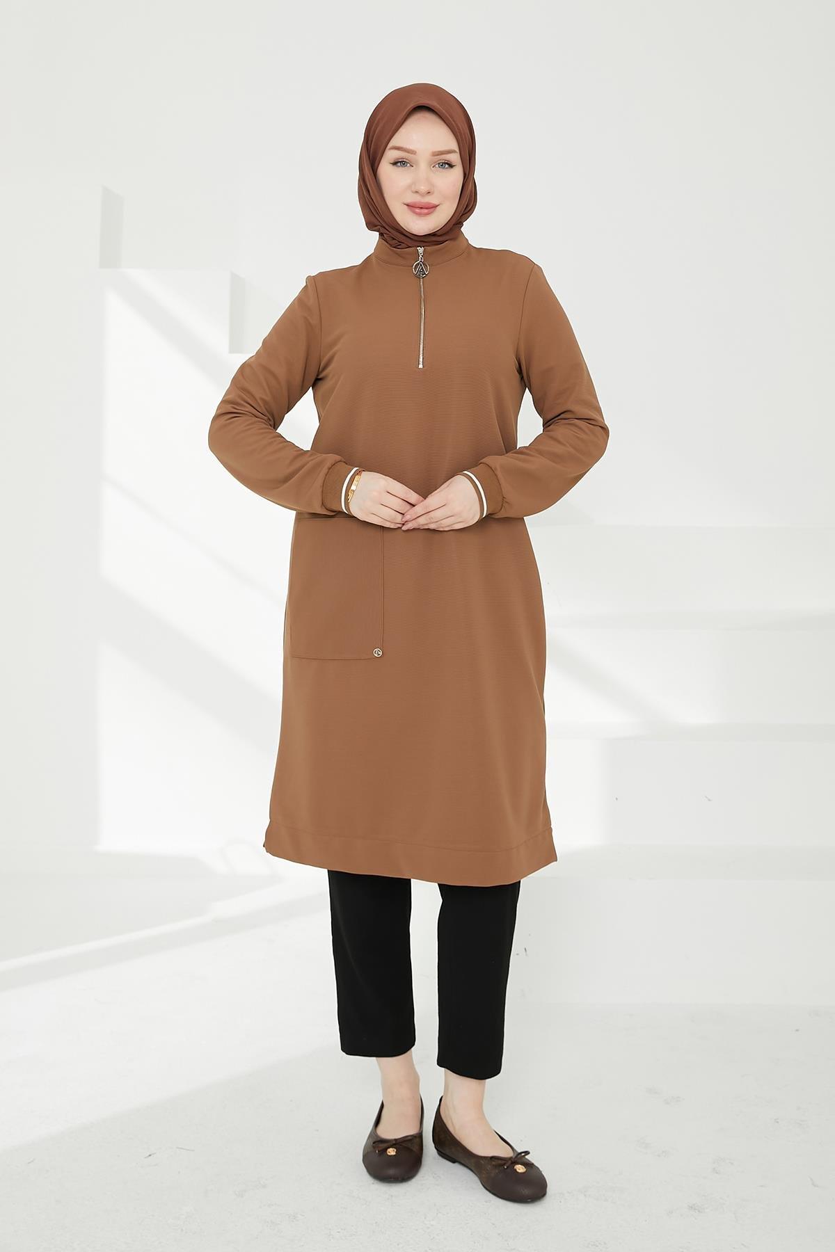 ARMİNE TREND Kolları Ribanalı Yarım Fermuarlı Tunik Camel 24KT453