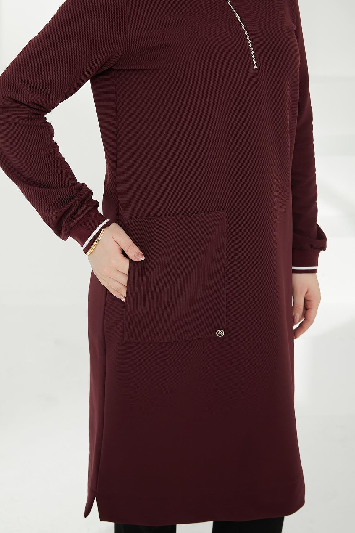 ARMİNE TREND Kolları Ribanalı Yarım Fermuarlı Tunik-Kahverengi 24KT453