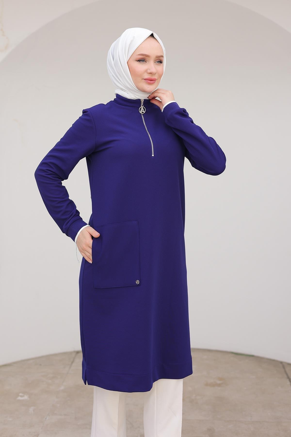 ARMİNE TREND Kolları Ribanalı Yarım Fermuarlı Tunik Morcivert 24KT453