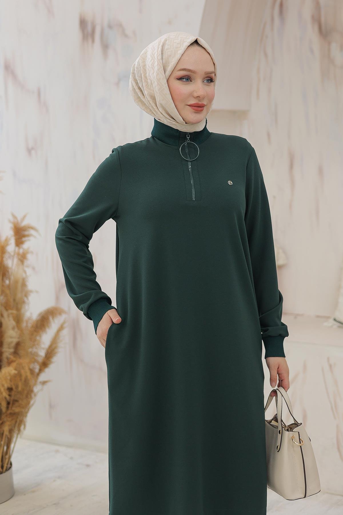 ARMİNE TREND Kolları Ribanalı Yarım Fermuarlı Tunik-Haki 24KT436