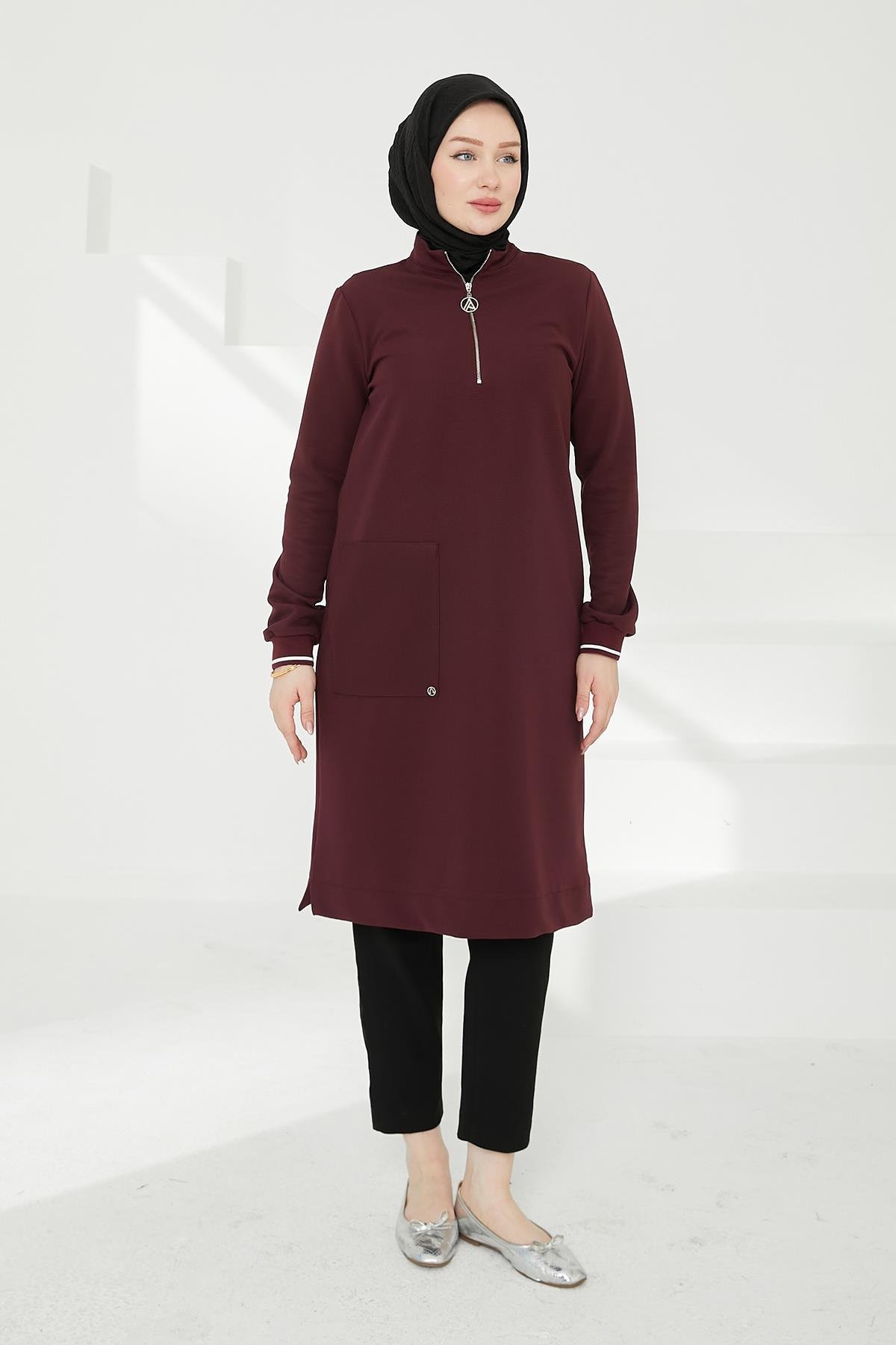 ARMİNE TREND Kolları Ribanalı Yarım Fermuarlı Tunik Mürdüm 24KT453