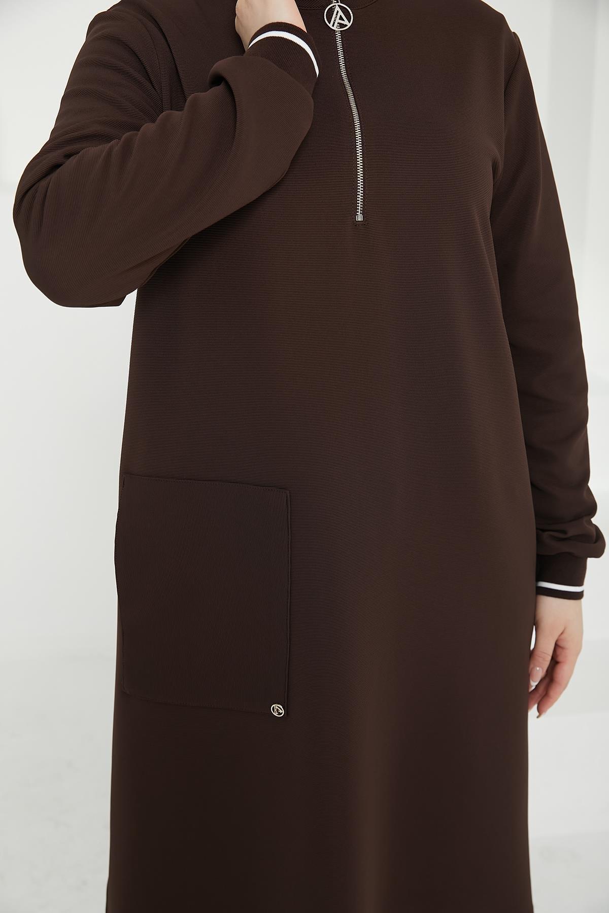 ARMİNE TREND Kolları Ribanalı Yarım Fermuarlı Tunik-Kahverengi 24KT453