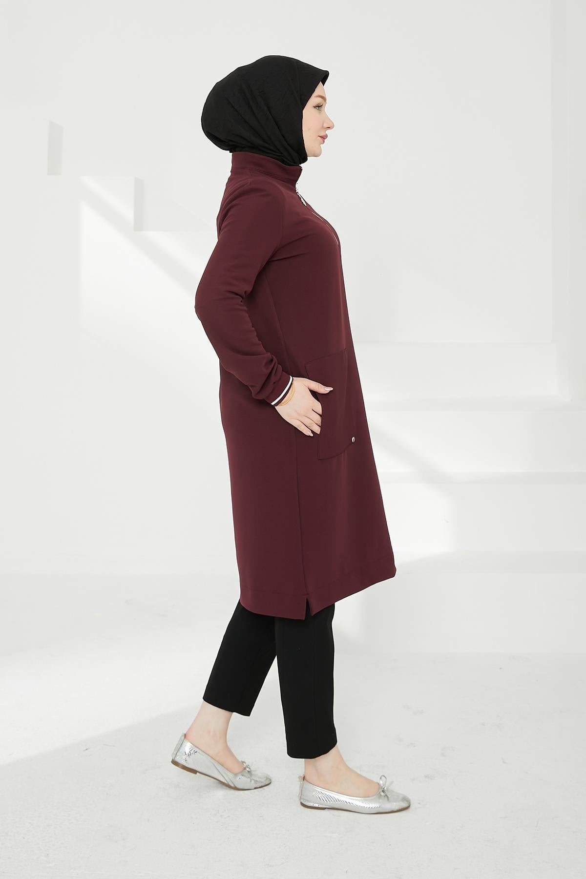 ARMİNE TREND Kolları Ribanalı Yarım Fermuarlı Tunik Mürdüm 24KT453