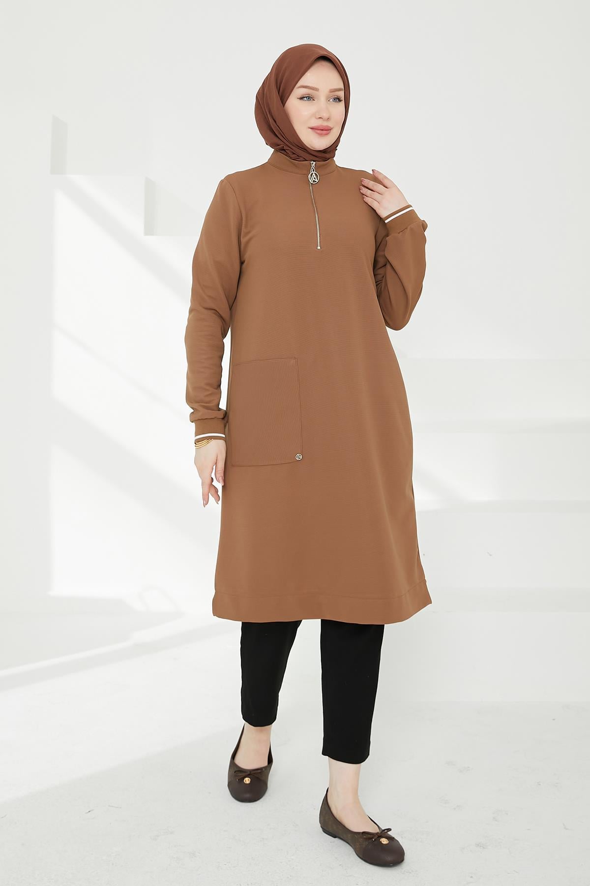 ARMİNE TREND Kolları Ribanalı Yarım Fermuarlı Tunik Camel 24KT453