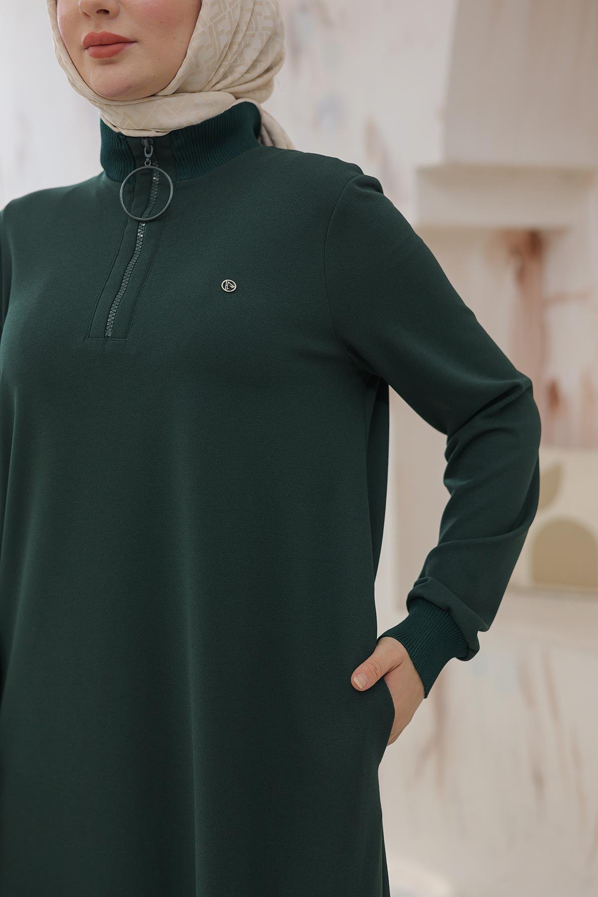 ARMİNE TREND Kolları Ribanalı Yarım Fermuarlı Tunik-Haki 24KT436