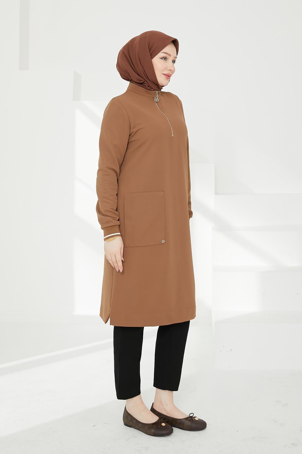 ARMİNE TREND Kolları Ribanalı Yarım Fermuarlı Tunik Camel 24KT453