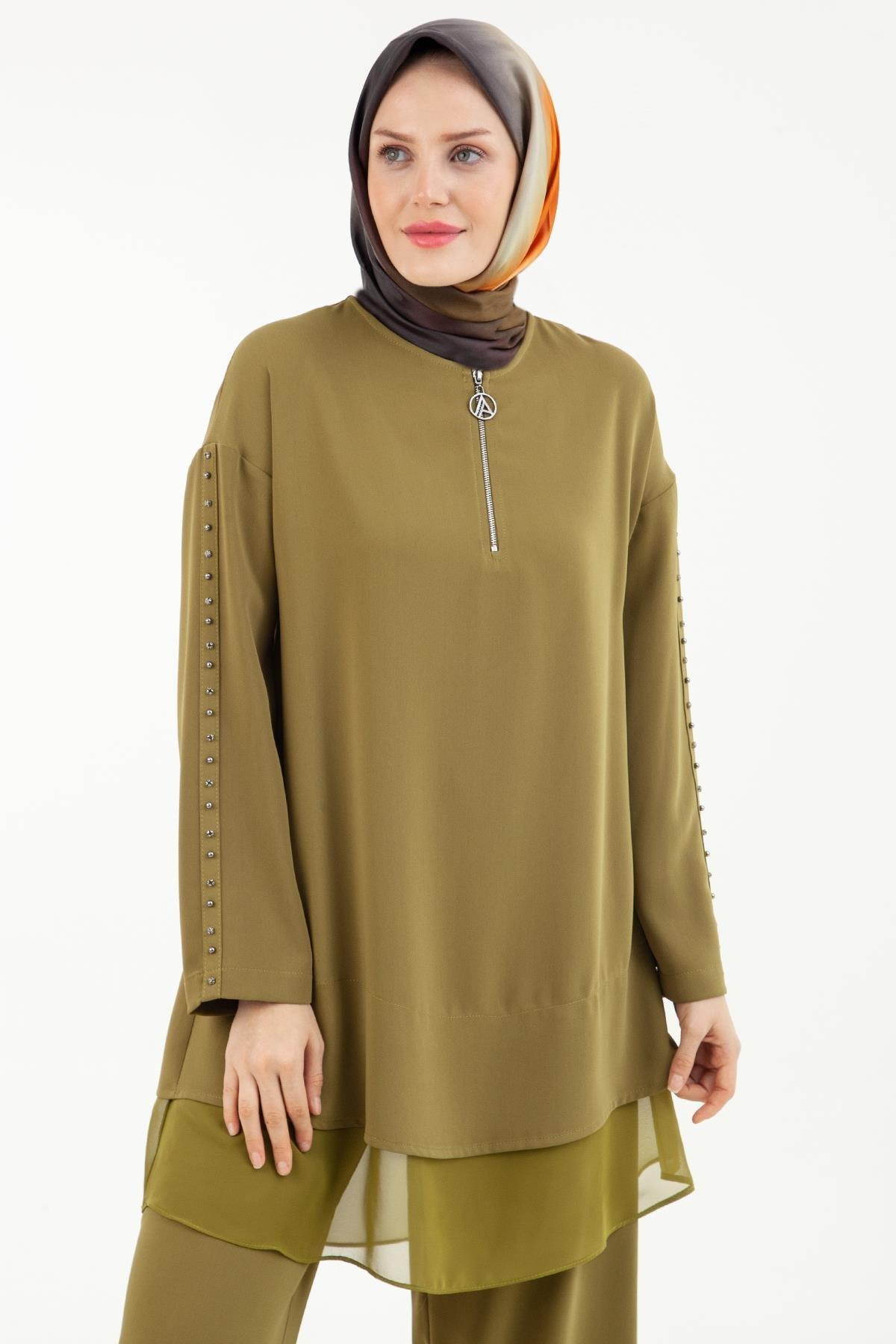 ARMİNE TREND Kolları Taş Detyalı Yakası Fermuarlı Pantolonlu İkili Takım-Fıstık Yeşil 23KT601