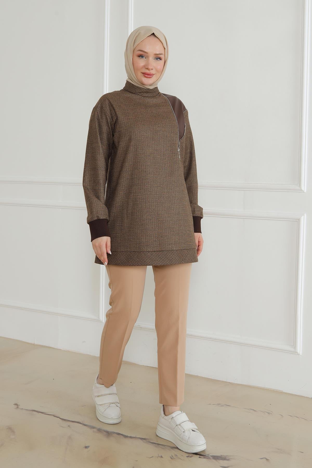 ARMİNE TREND Kolları ve Etek Ucu Ribanalı Bisiklet Yaka Tunik-Kahverengi 24KT466