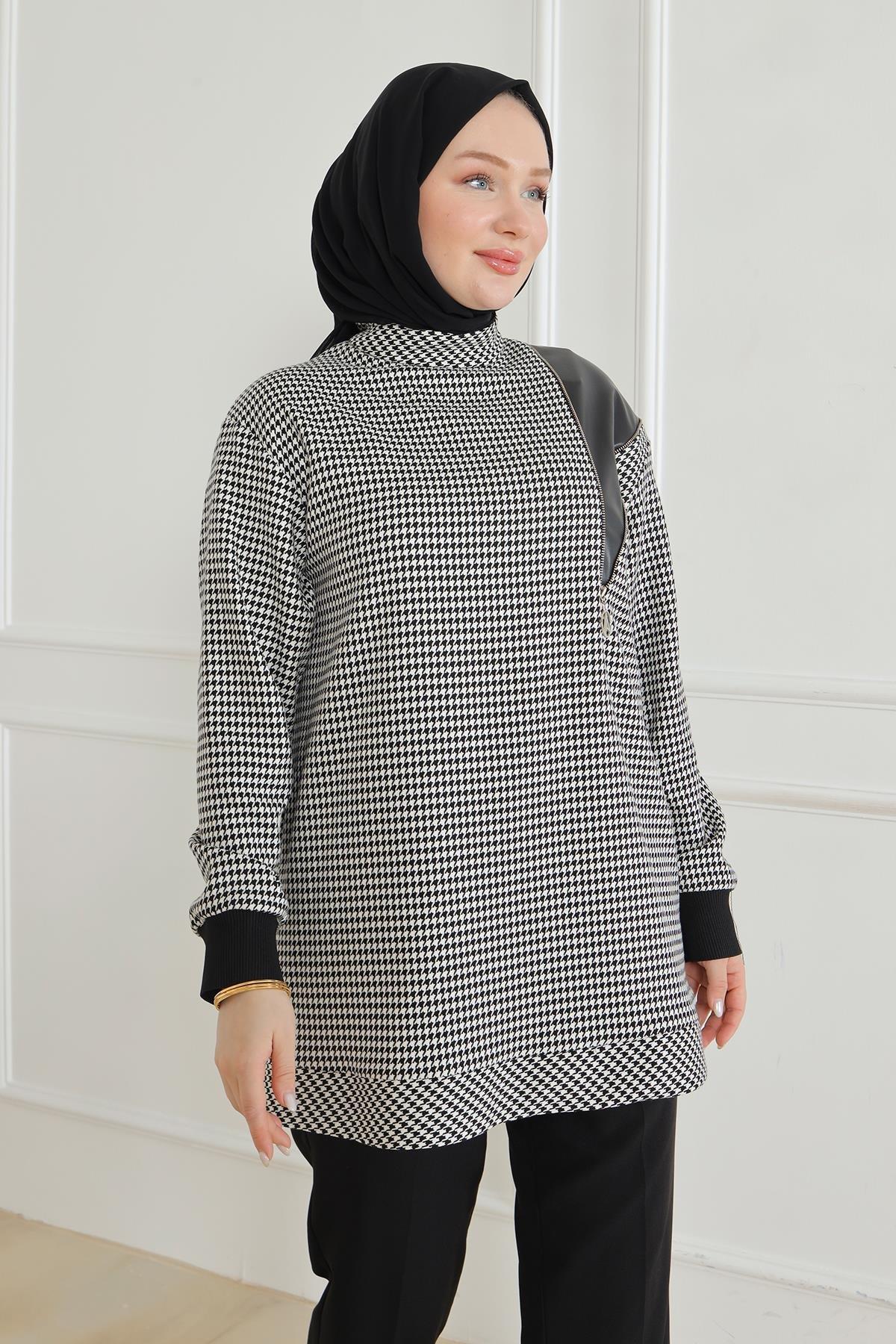 ARMİNE TREND Kolları ve Etek Ucu Ribanalı Bisiklet Yaka Tunik-Siyah 24KT466