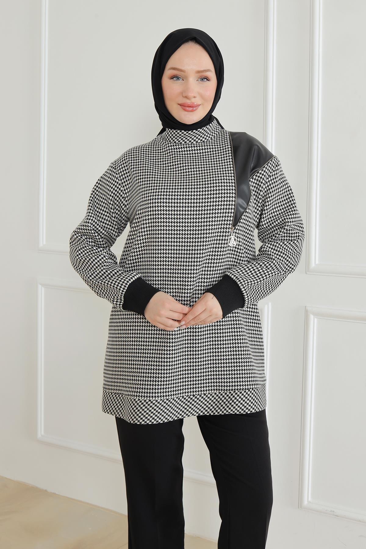 ARMİNE TREND Kolları ve Etek Ucu Ribanalı Bisiklet Yaka Tunik-Siyah 24KT466