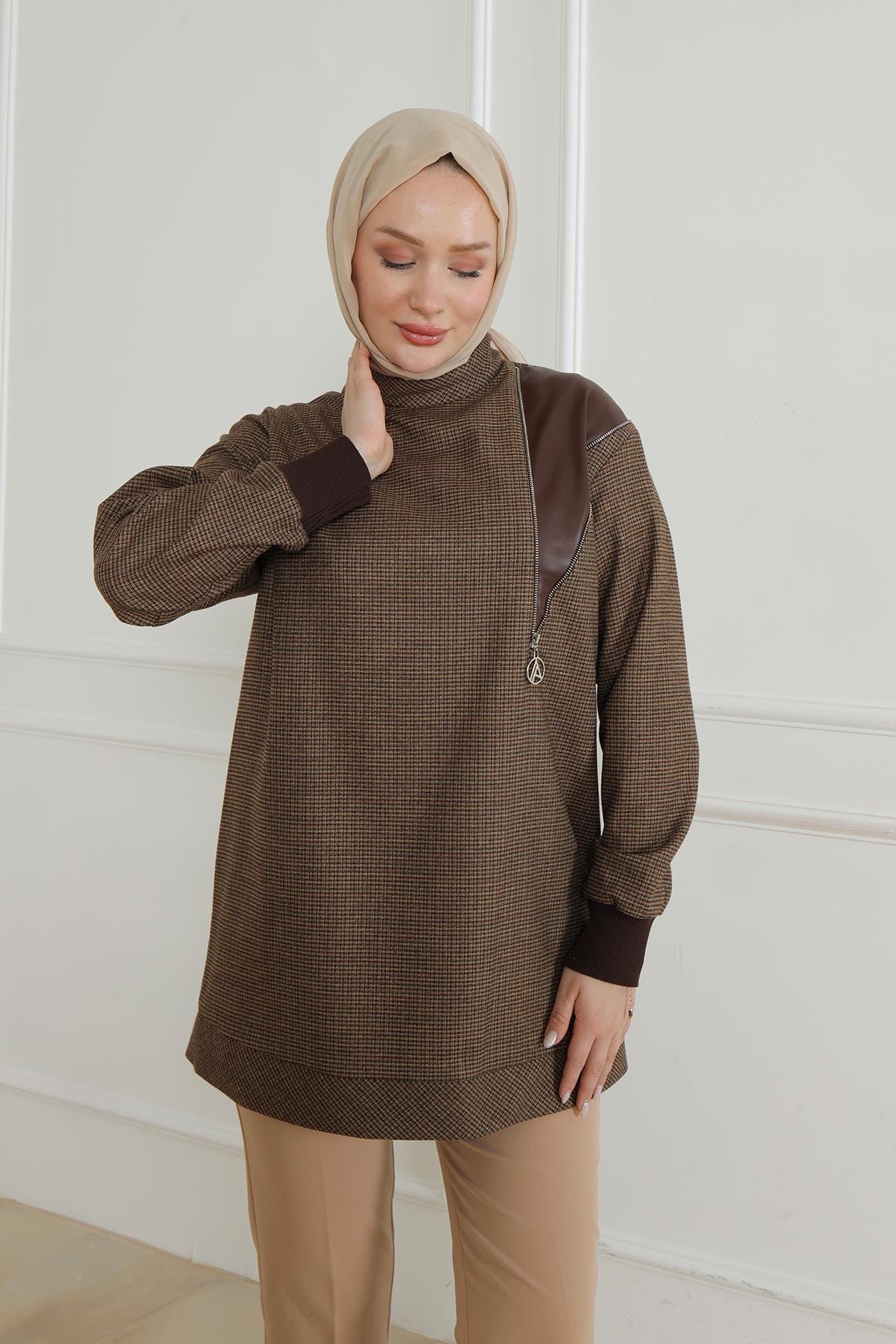 ARMİNE TREND Kolları ve Etek Ucu Ribanalı Bisiklet Yaka Tunik-Kahverengi 24KT466
