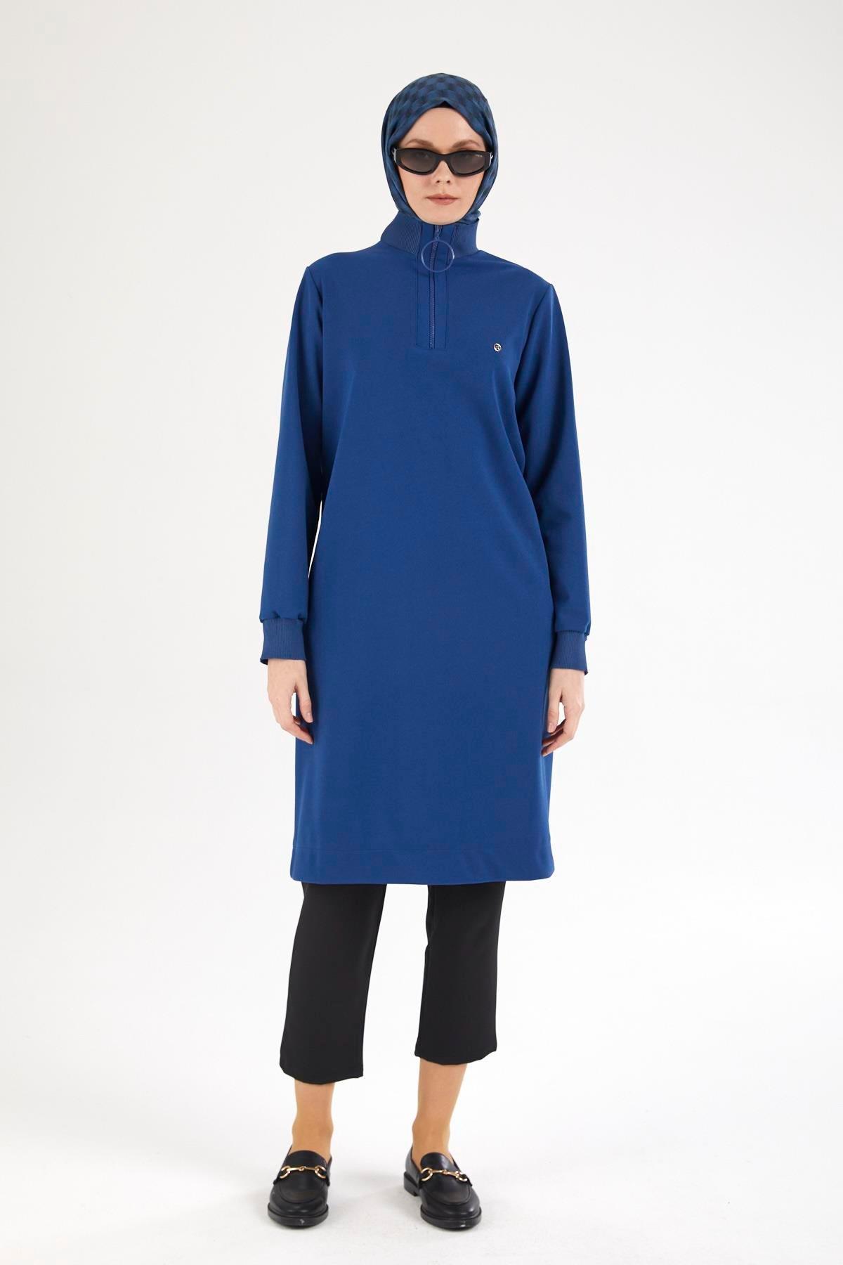 ARMİNE TREND Kolları ve Yakası Ribanalı Yarım Fermuarlı Tunik-Saks 25YT437