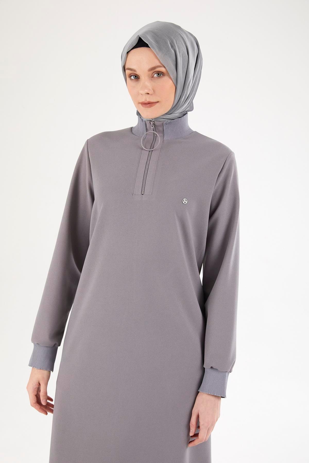 ARMİNE TREND Kolları ve Yakası Ribanalı Yarım Fermuarlı Tunik-Gri 25YT437