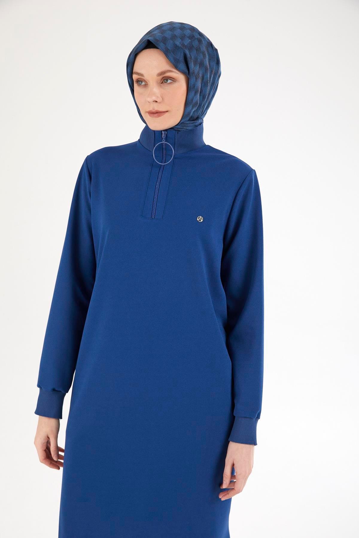 ARMİNE TREND Kolları ve Yakası Ribanalı Yarım Fermuarlı Tunik-Saks 25YT437