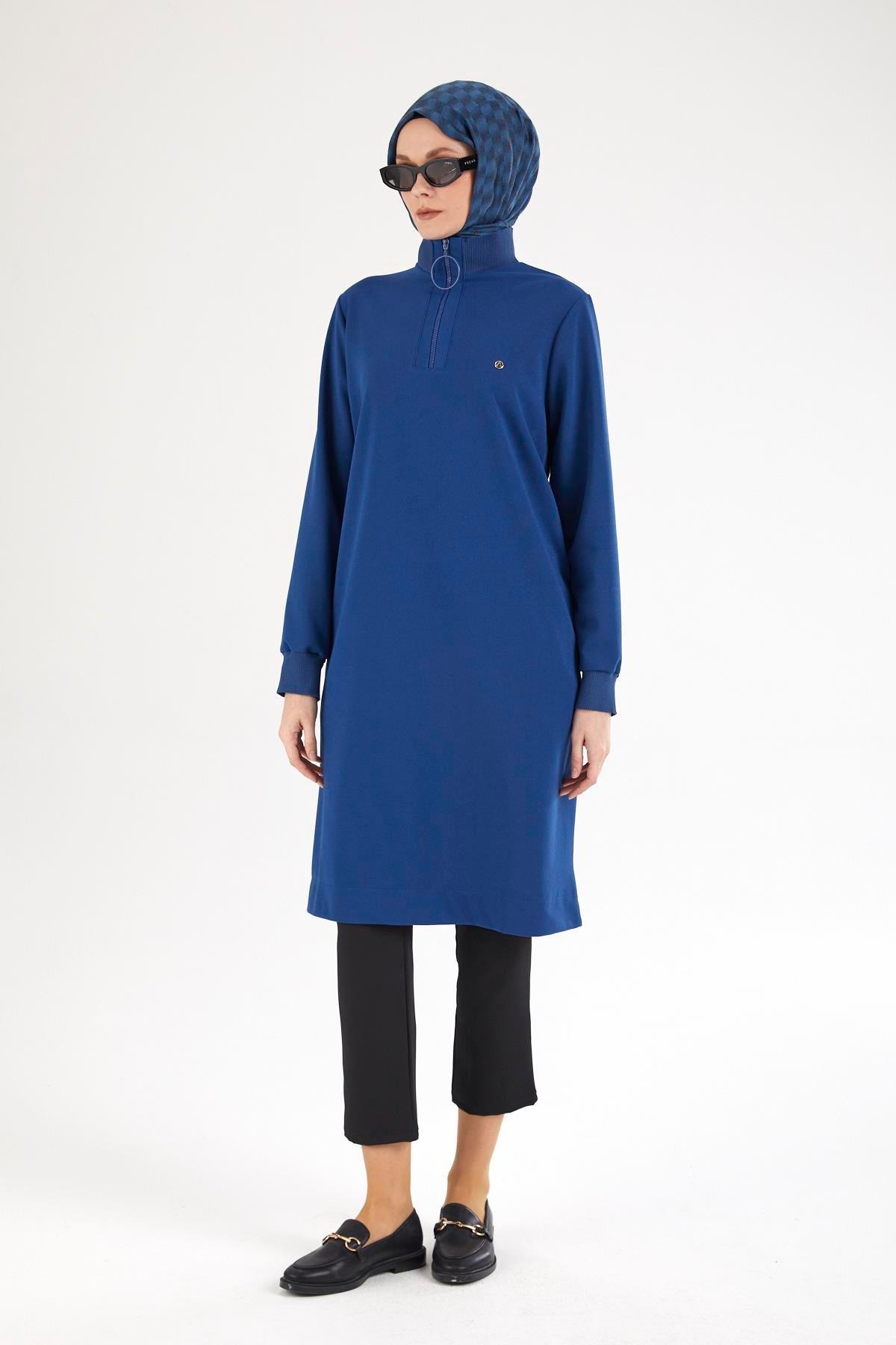 ARMİNE TREND Kolları ve Yakası Ribanalı Yarım Fermuarlı Tunik-Saks 25YT437