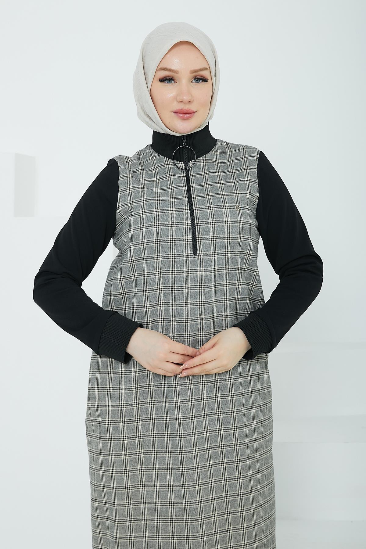 ARMİNE TREND Kolları ve Yakası Ribanalı Yarım Fermuarlı Tunik-Gri 24KT482