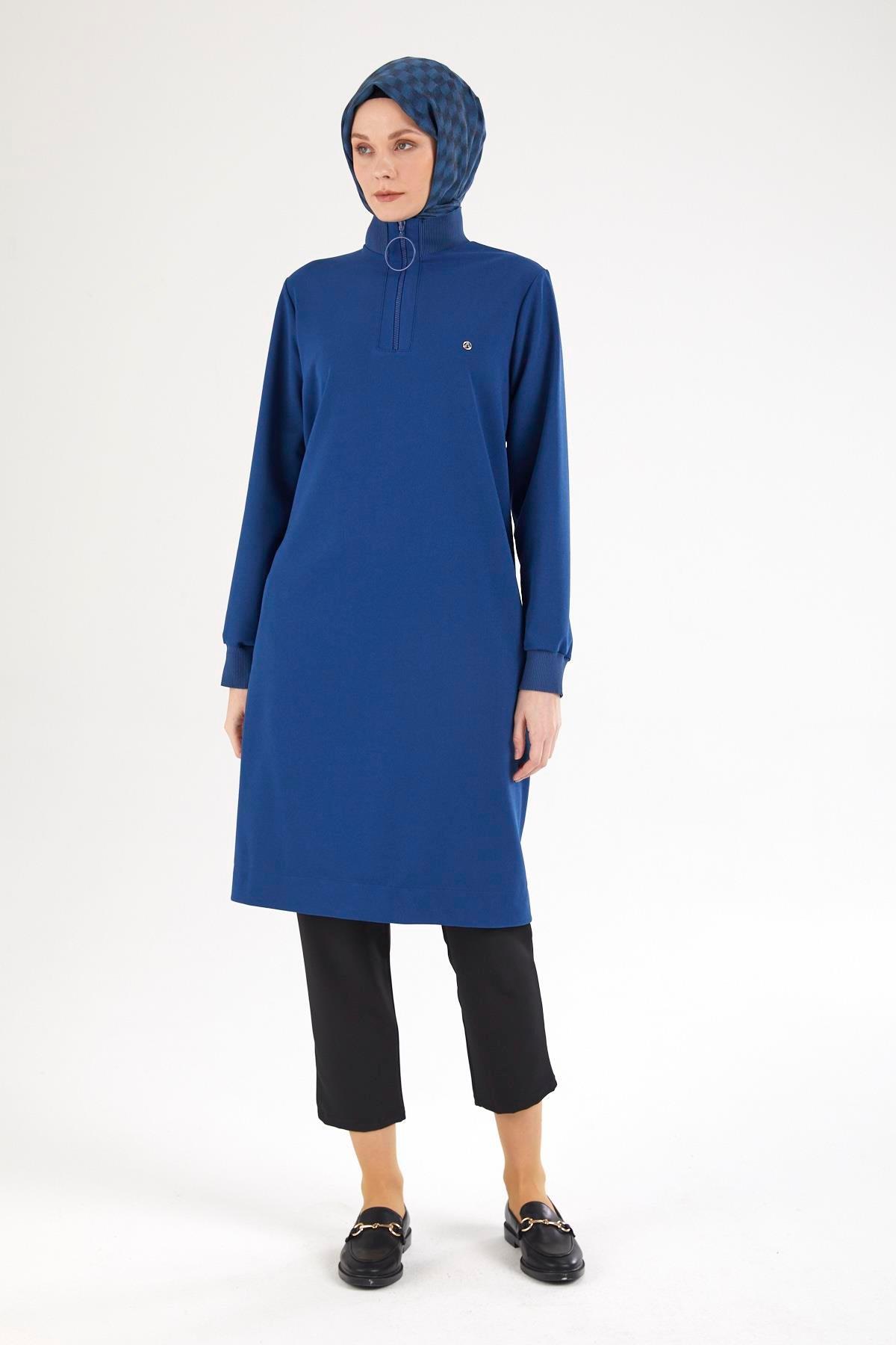 ARMİNE TREND Kolları ve Yakası Ribanalı Yarım Fermuarlı Tunik-Saks 25YT437