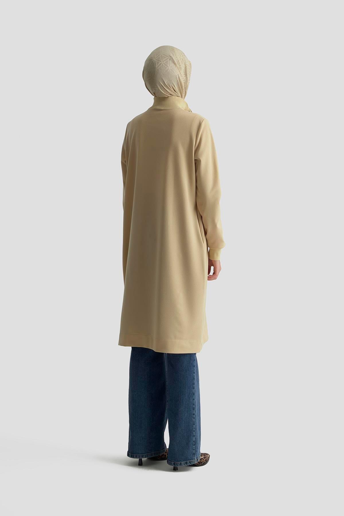 ARMİNE TREND Kolları ve Yakası Ribanalı Yarım Fermuarlı Tunik-Bej 25YT437
