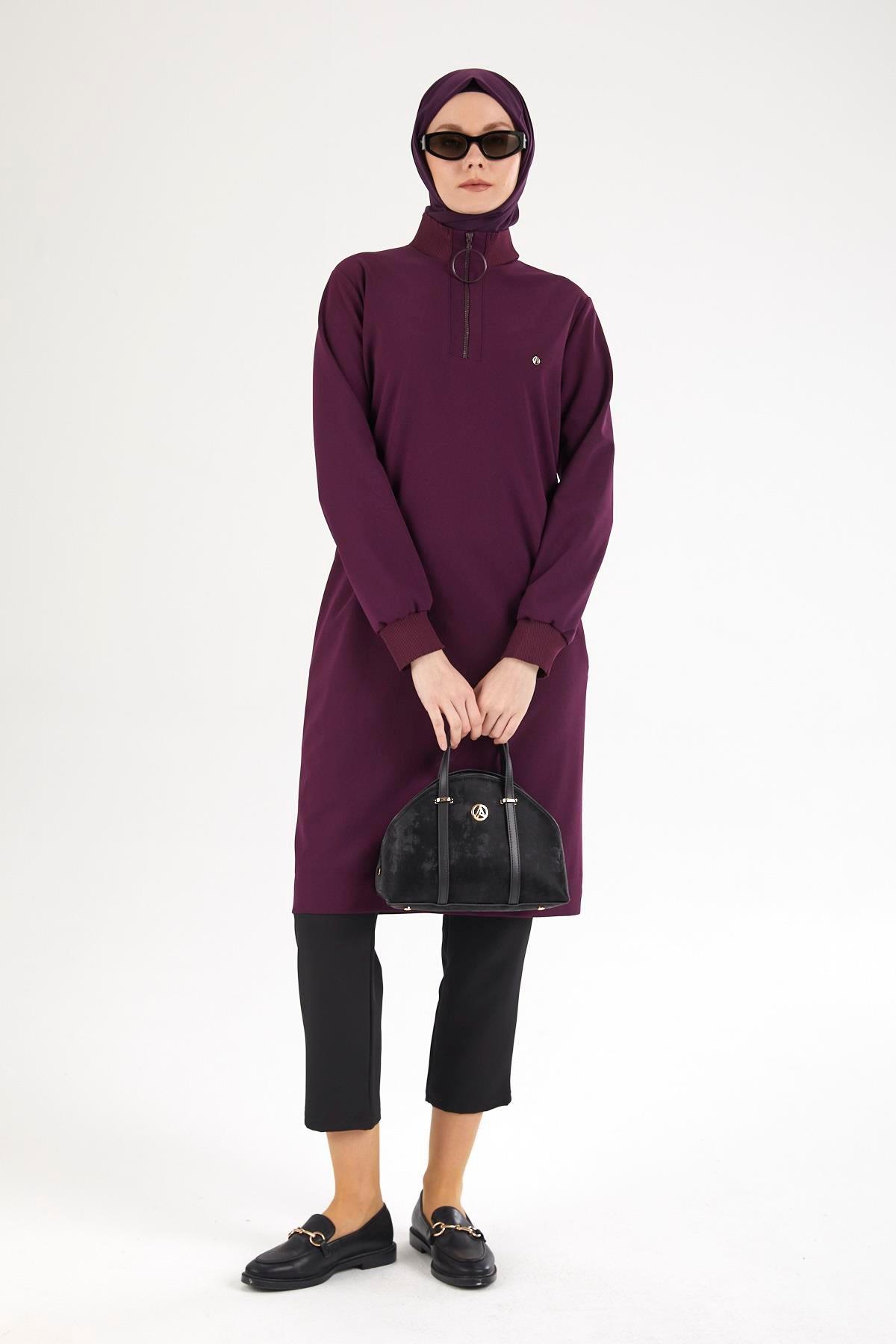 ARMİNE TREND Kolları ve Yakası Ribanalı Yarım Fermuarlı Tunik-Mürdüm 25YT437