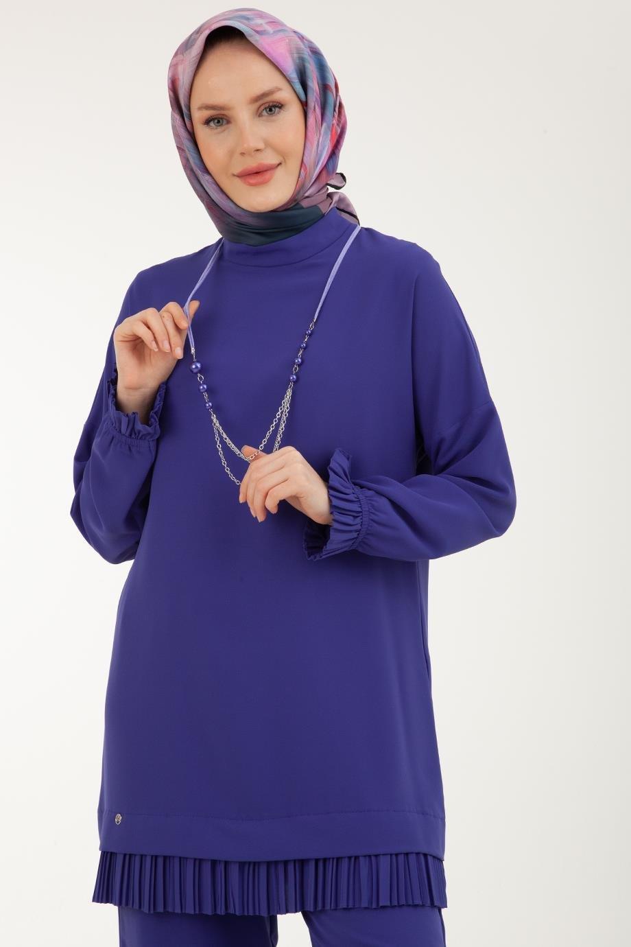 ARMİNE TREND Kolyeli, Kolları ve Etek ucu Piliseli Pantolonlu İkili Takım-Morcivent