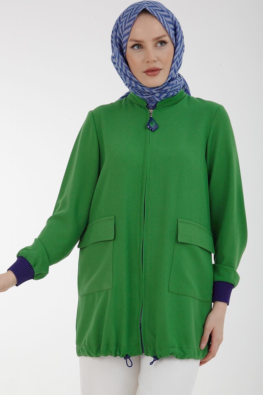 ARMİNE TREND Krep Kumaşlı Etek Uçları Lastikli Ceket-Yeşil
