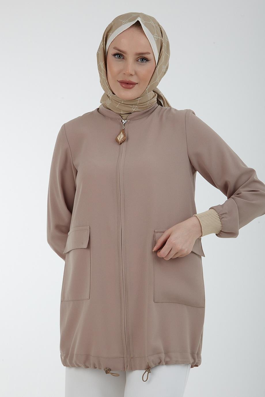 ARMİNE TREND Krep Kumaşlı Etek Uçları Lastikli Ceket-Vizon