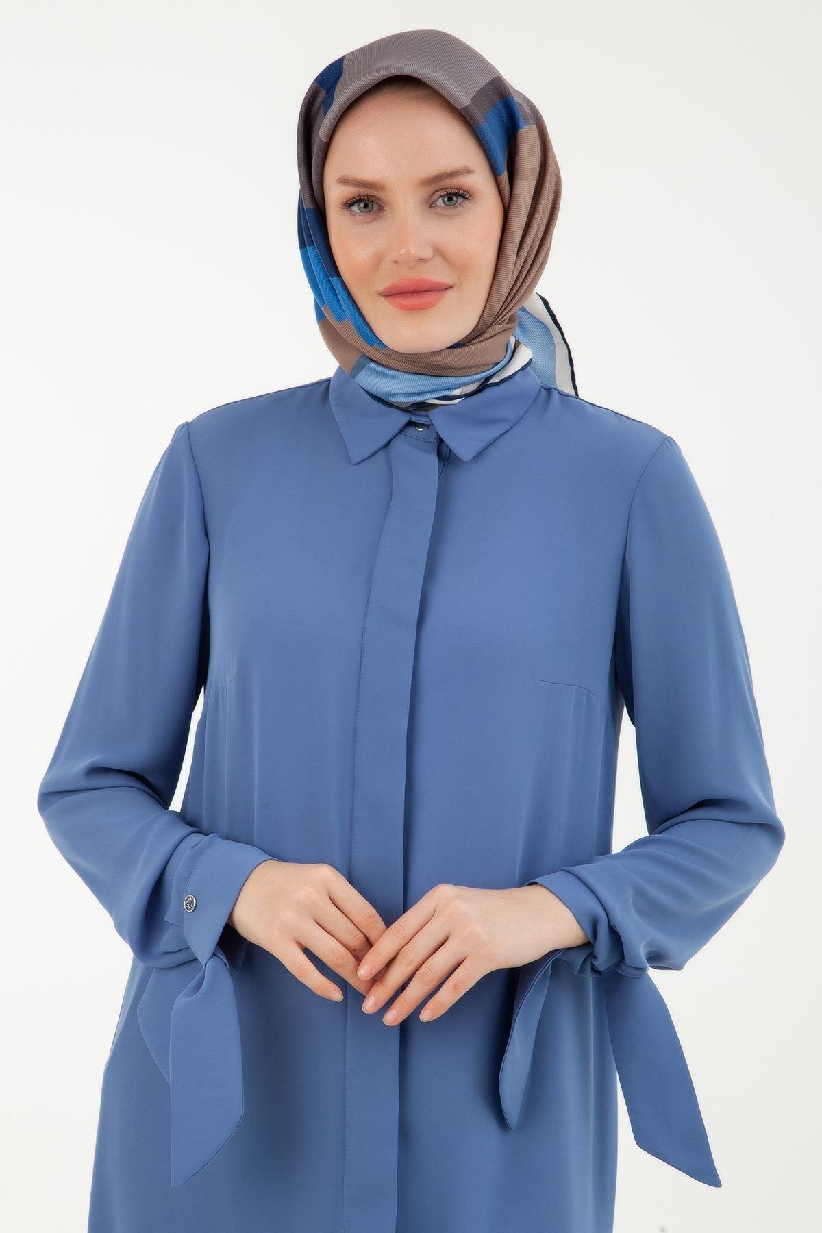 ARMİNE TREND Krep Kumaşlı Kolları Bağcık Detaylı Tunik-A.Mavi 23YT463
