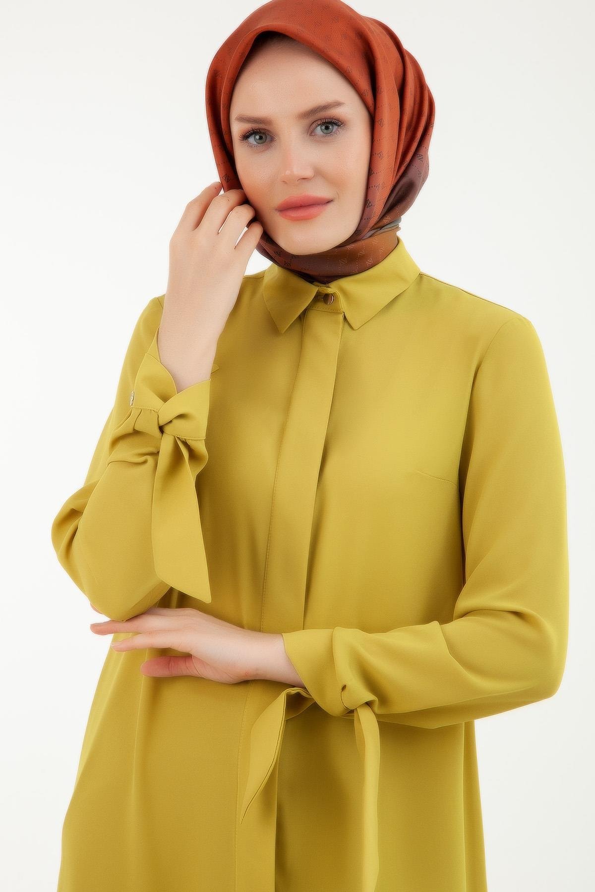 ARMİNE TREND Krep Kumaşlı Kolları Bağcık Detaylı Tunik-Hardal 23YT463