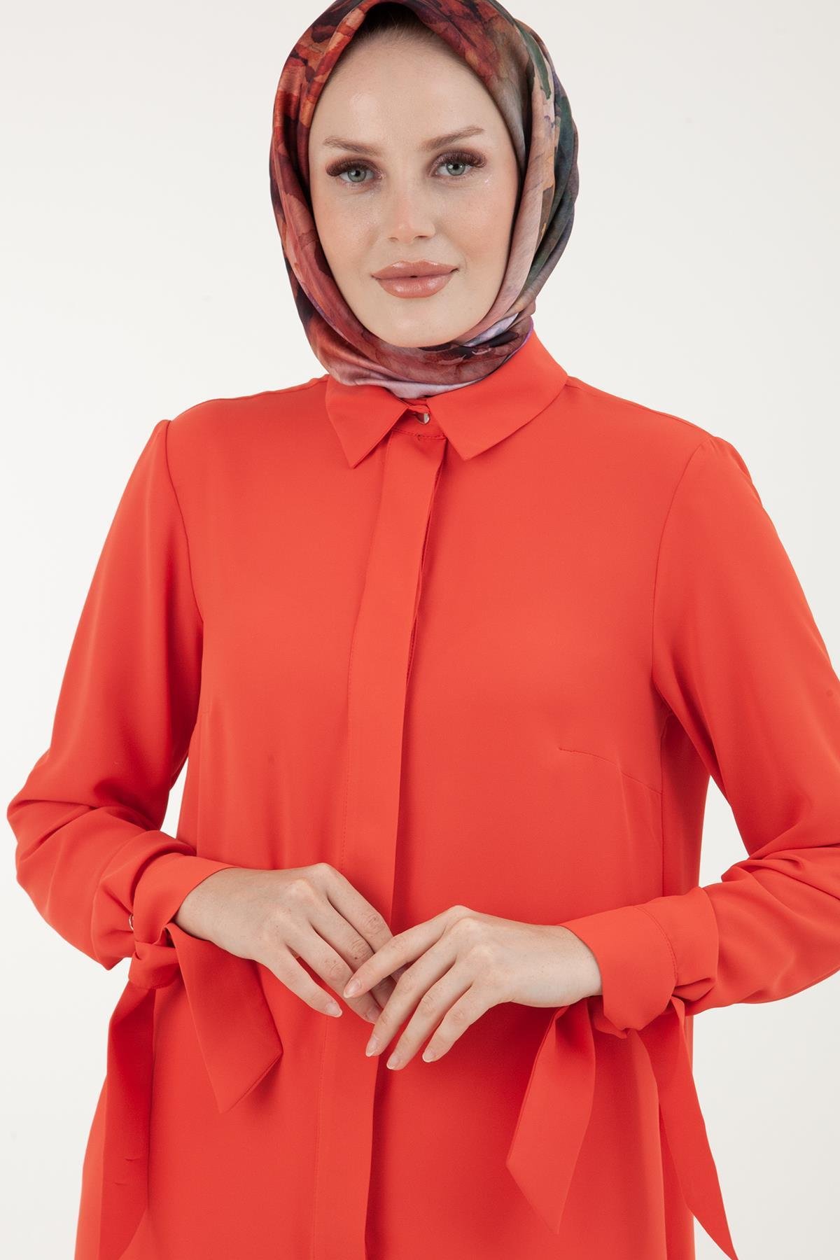 ARMİNE TREND Krep Kumaşlı Kolları Bağcık Detaylı Tunik-Mercan 23YT463