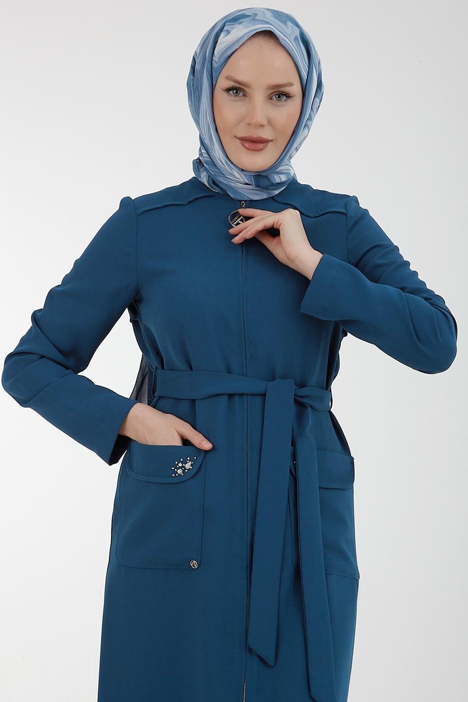 ARMİNE TREND Kuşak ve Taş Detaylı Fermuarlı Kap-İndigo 23YT506