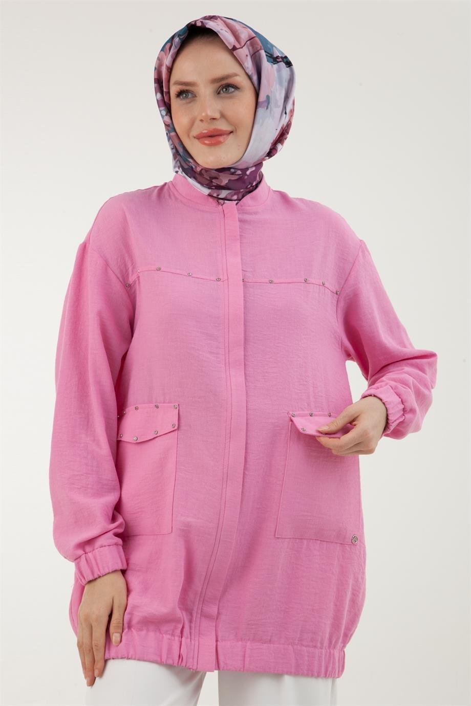 ARMİNE TREND Lastikli Taş Detaylı Ceket-Şeker Pembe 23YT531