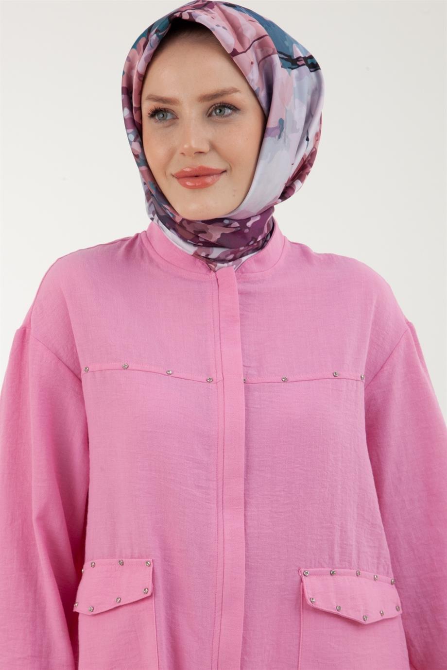 ARMİNE TREND Lastikli Taş Detaylı Ceket-Şeker Pembe 23YT531
