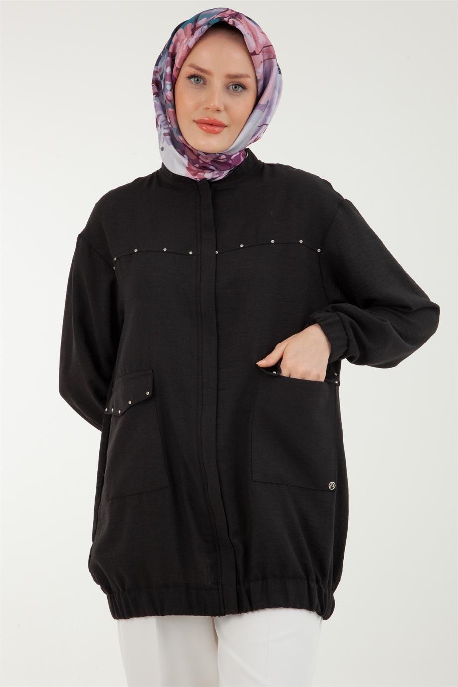 ARMİNE TREND Lastikli Taş Detaylı Ceket-Siyah 23YT531