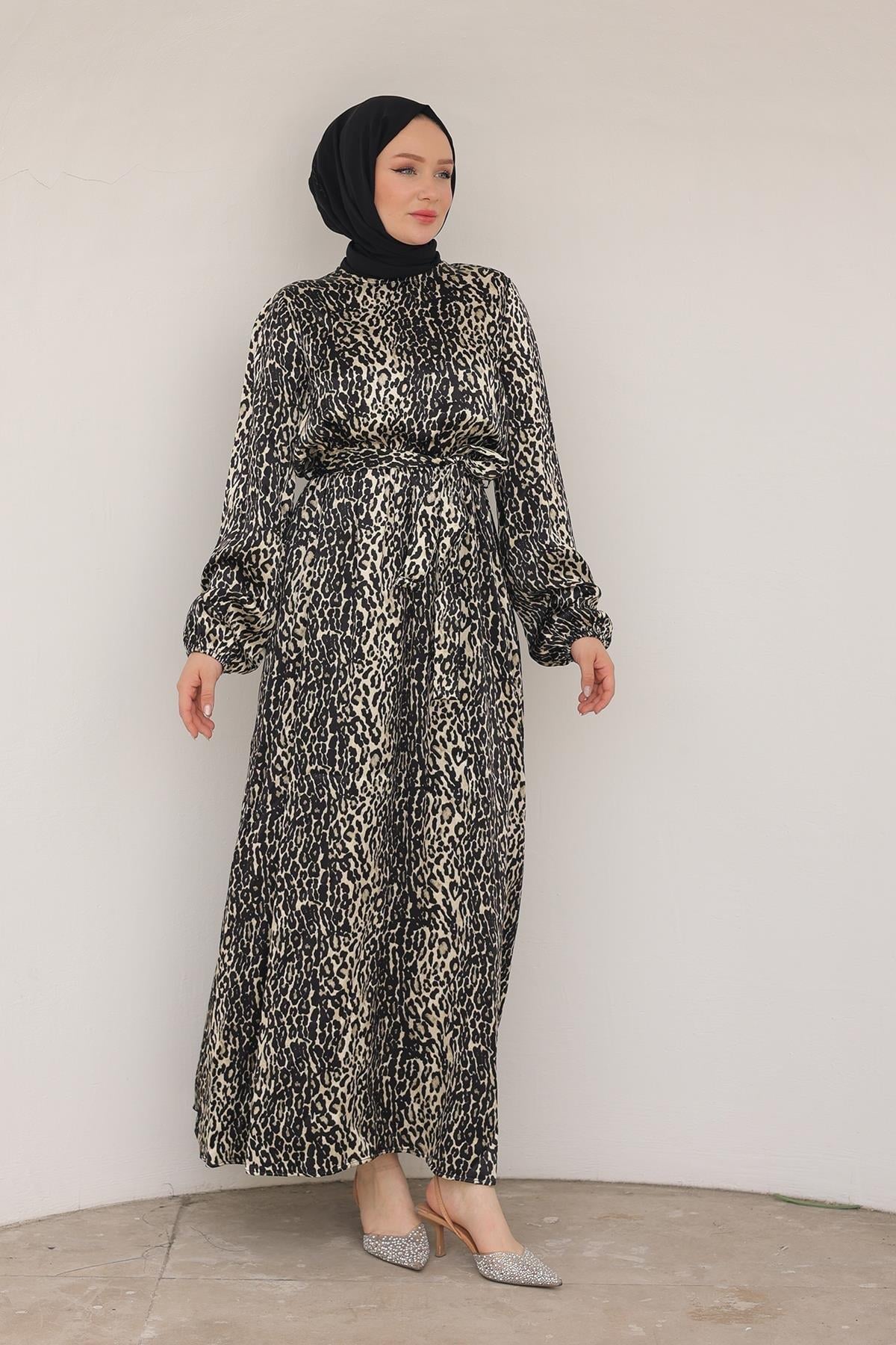 ARMİNE TREND Leopar Desenli Beli Kemerli Elbise Siyah 24KT904