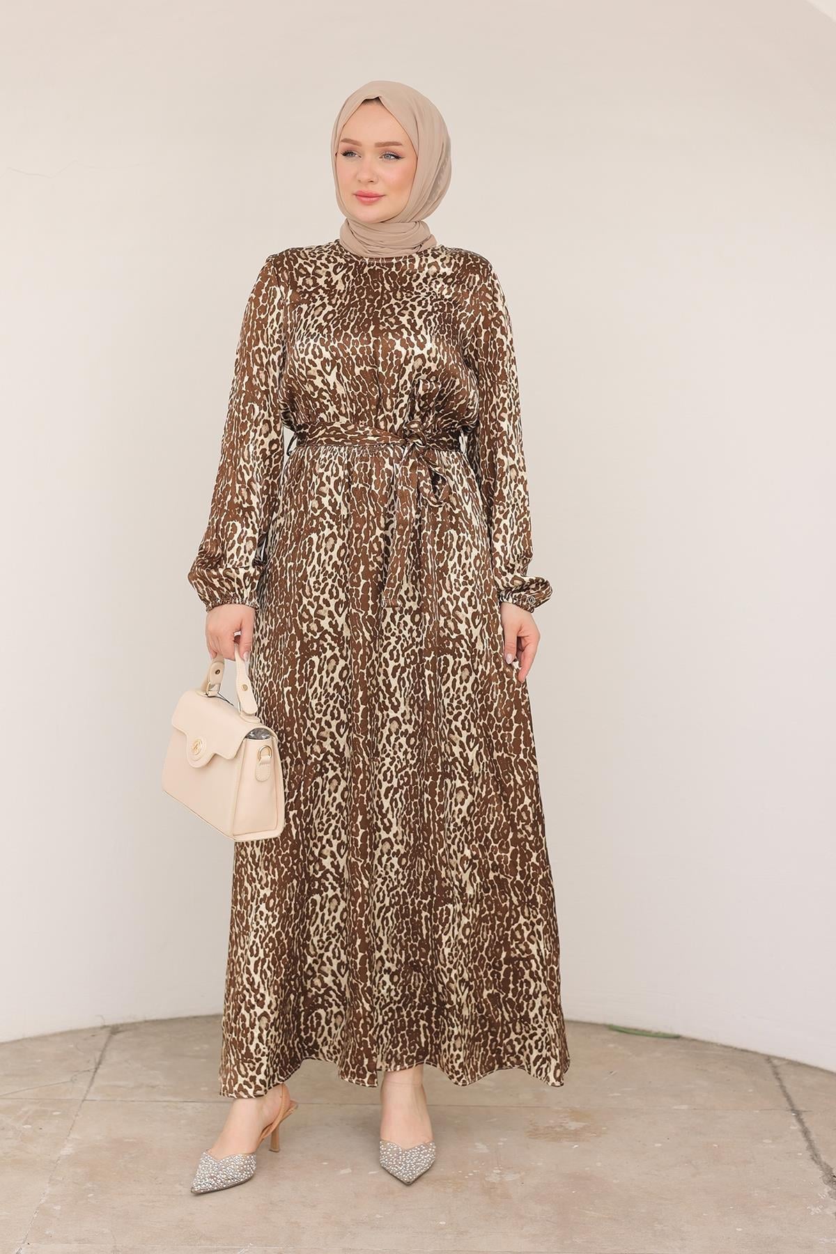 ARMİNE TREND Leopar Desenli Beli Kemerli Elbise Kahverengi 24KT904