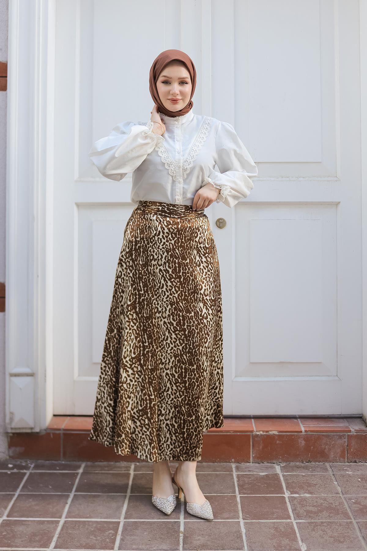 ARMİNE TREND Leopar Desenli Etek-Kahverengi 24KT103