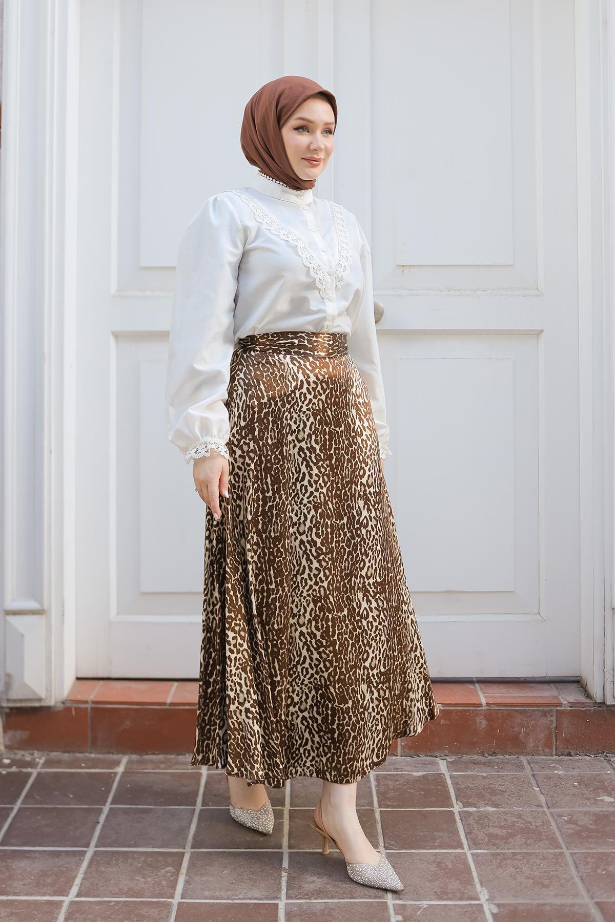 ARMİNE TREND Leopar Desenli Etek-Kahverengi 24KT103