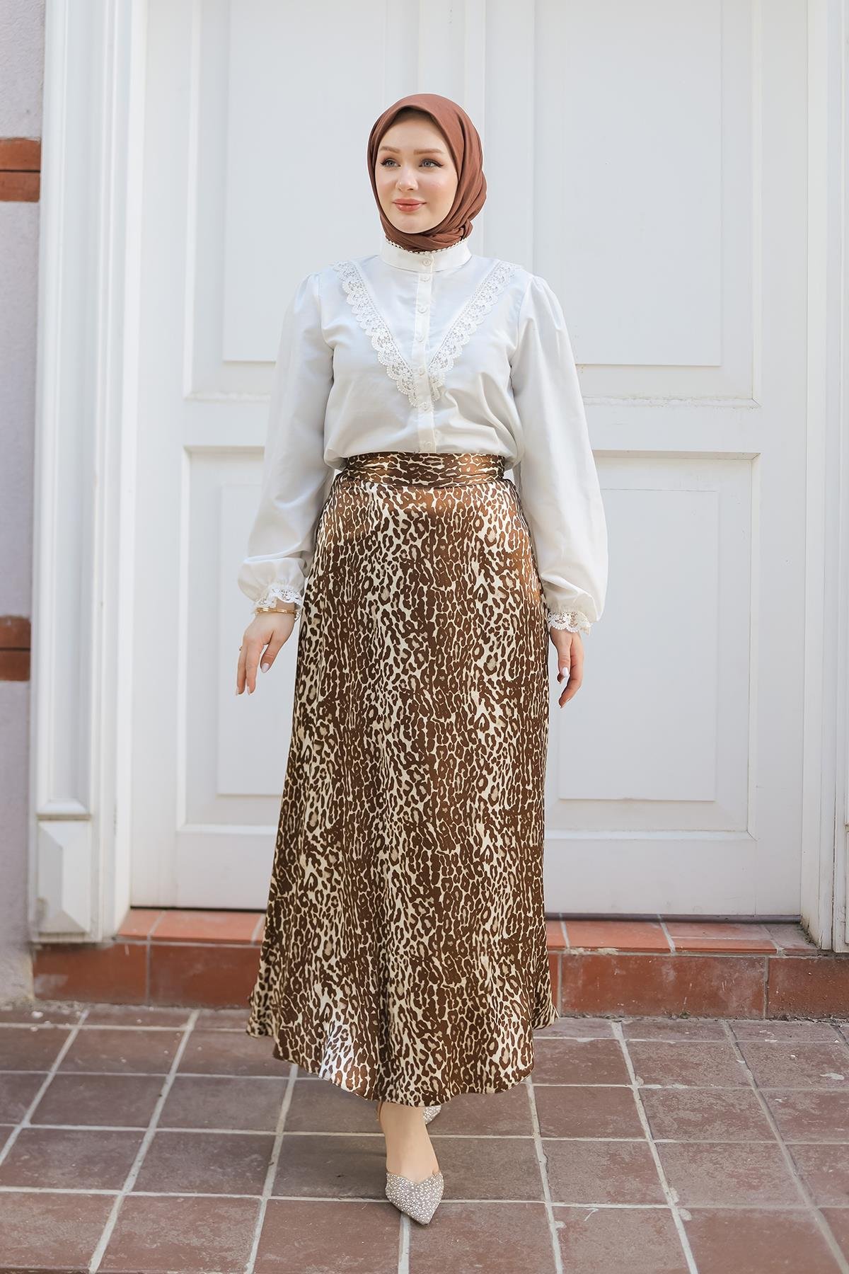ARMİNE TREND Leopar Desenli Etek-Kahverengi 24KT103