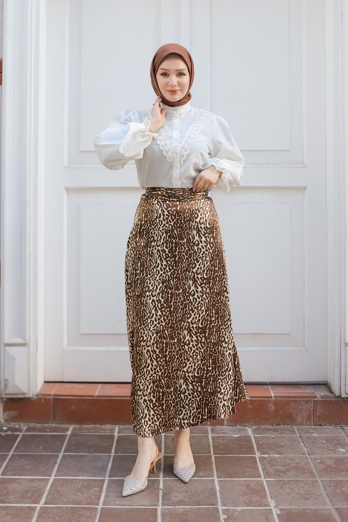 ARMİNE TREND Leopar Desenli Etek-Kahverengi 24KT103