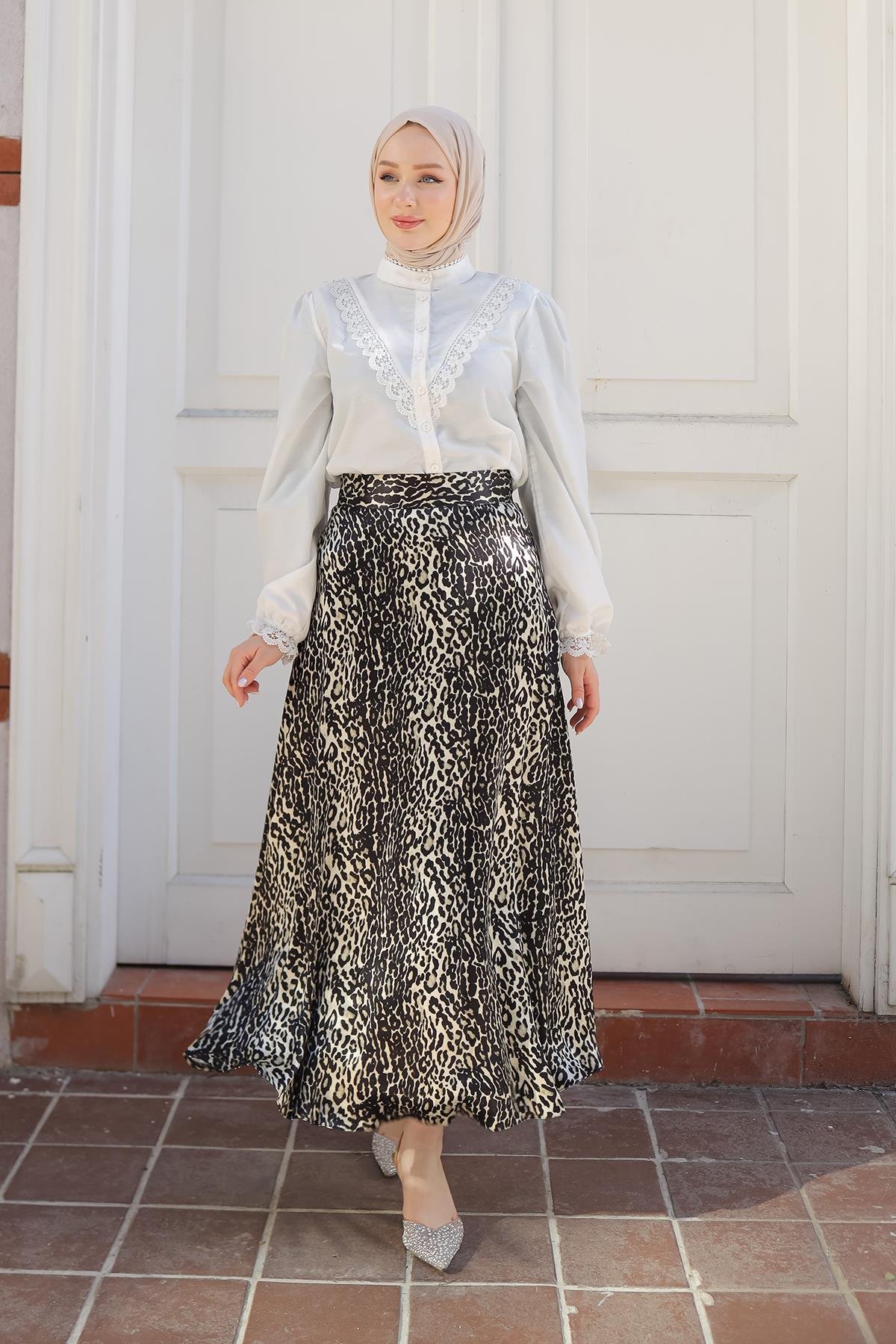 ARMİNE TREND Leopar Desenli Etek-Siyah 24KT103