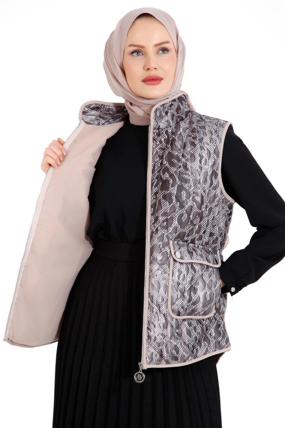 ARMİNE TREND Leopar Desenli Yandan Cepli Astarlı Kapitone Yelek-Orjinal 22KT525