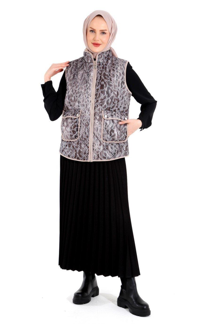 ARMİNE TREND Leopar Desenli Yandan Cepli Astarlı Kapitone Yelek-Orjinal 22KT525