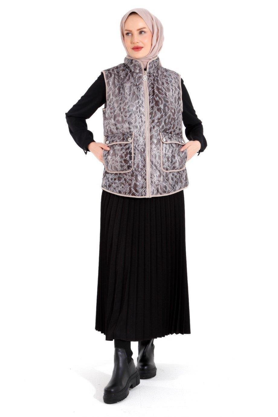 ARMİNE TREND Leopar Desenli Yandan Cepli Astarlı Kapitone Yelek-Orjinal 22KT525