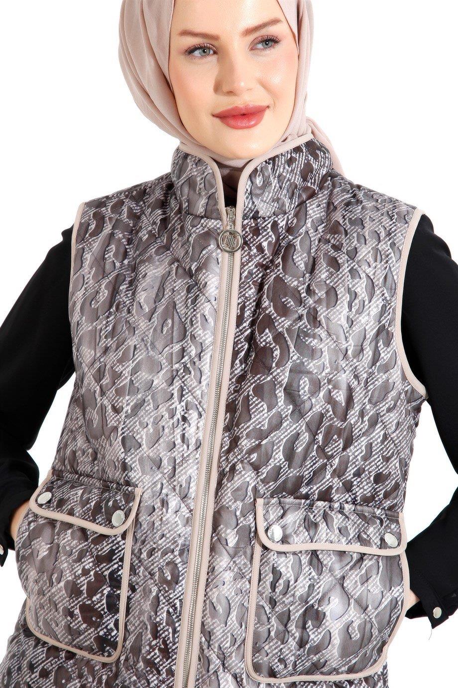 ARMİNE TREND Leopar Desenli Yandan Cepli Astarlı Kapitone Yelek-Orjinal 22KT525
