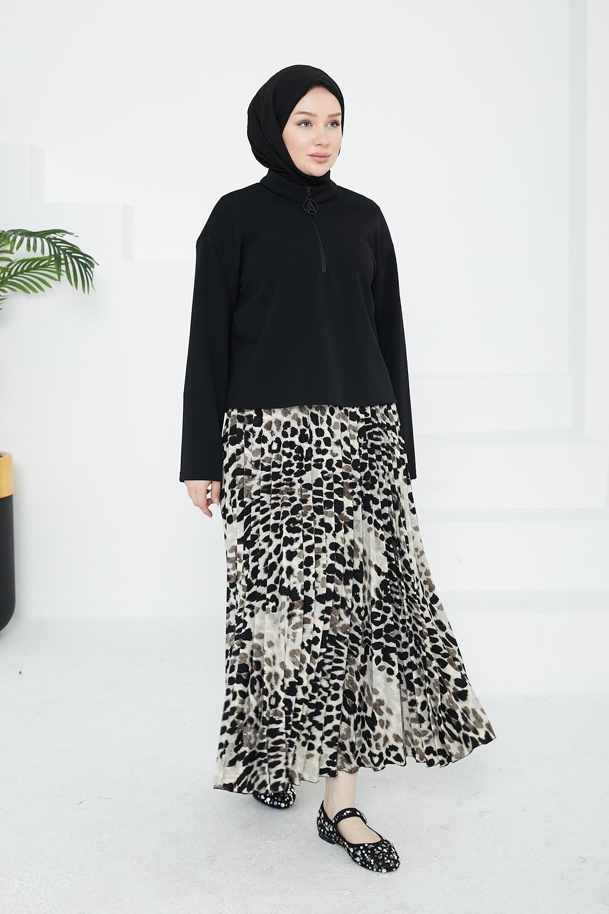 ARMİNE TREND Leopar Etekli İkili Takım-Siyah 24KT648
