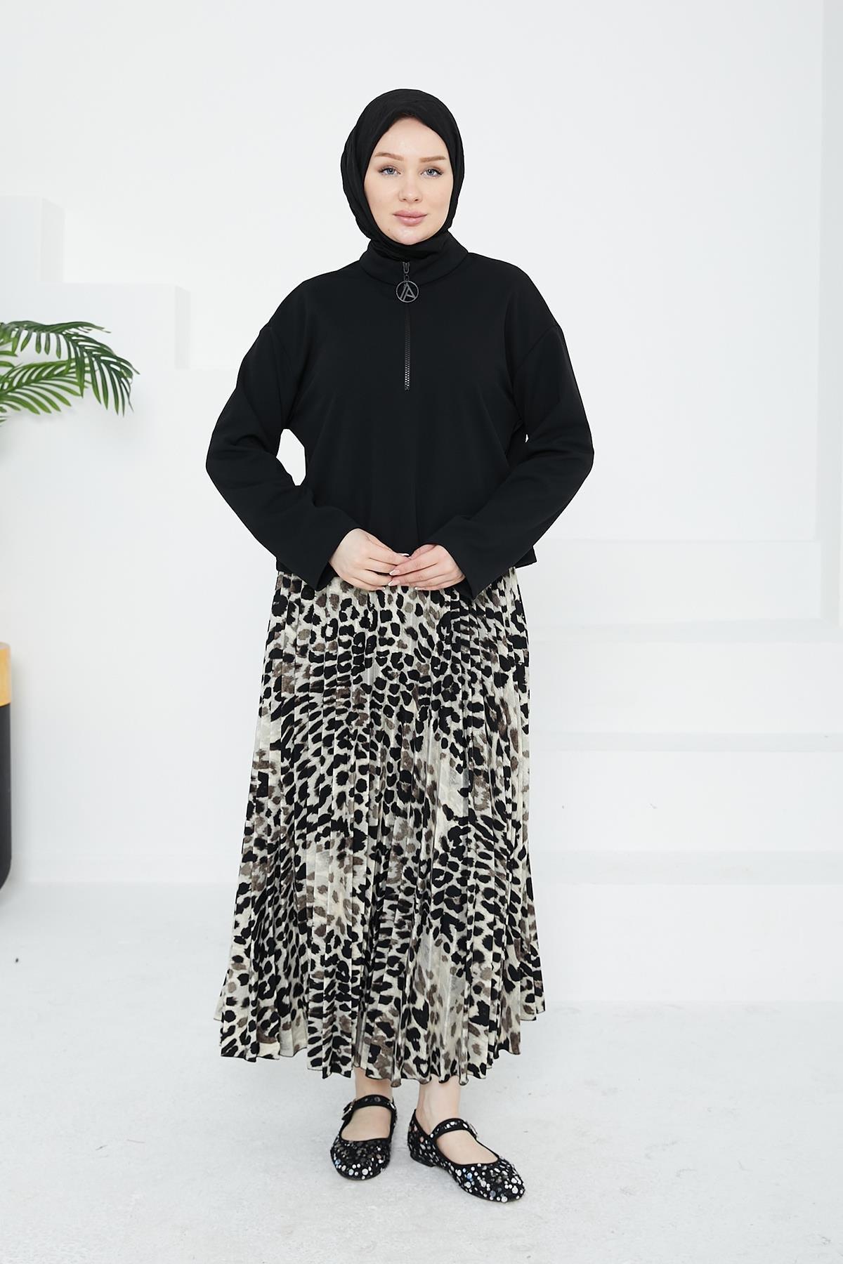 ARMİNE TREND Leopar Etekli İkili Takım-Siyah 24KT648